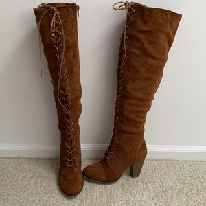 Thigh high lace up cognac brown faux suede boots